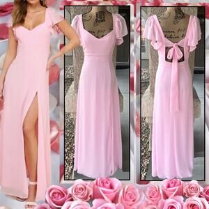 Lulus Simply Delightful Pink Tie-Back Flutter Sleeve Maxi Dress Size M